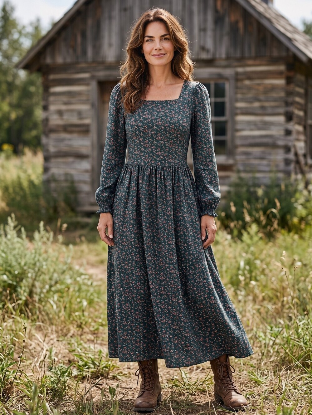 Laura Ashley Vintage Cottage Core Emerald Green Ditsy Floral Prairie Dress